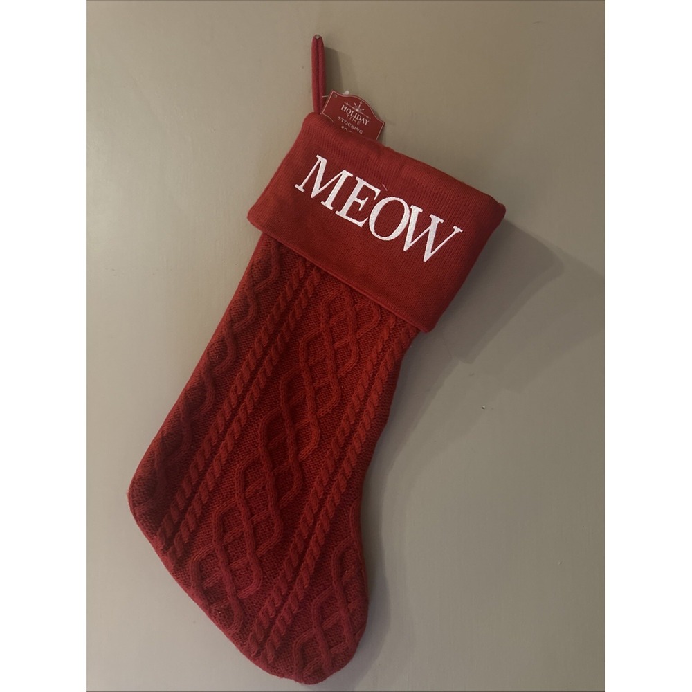 Holiday Time Knit Christmas Stocking W/Embroidered Meow On Cuff  20" Red NWT